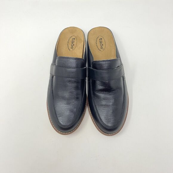Taos Women's Size 9 Royal Black Snake Embossed Leather Slip On Mules Flats - Picture 6 of 12